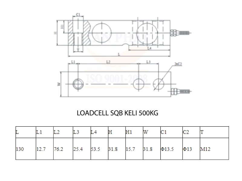 Bản vẽ cấu tạo chi tiết loadcell SQB 500kg Keli